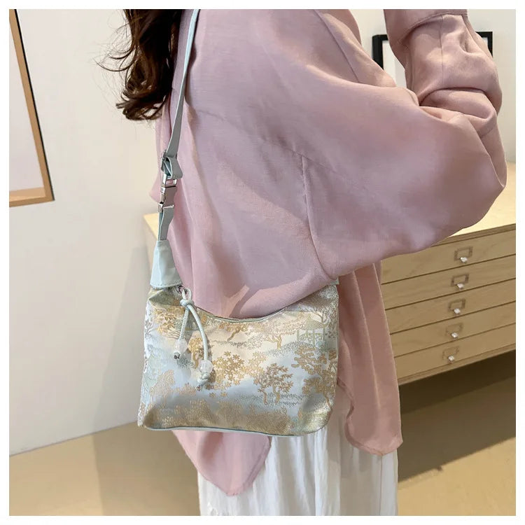 Fashionable Chinese Handbags Fashion Trend Single Shoulder Bag Light Simple Crossbody Bag Random Printed Satin Women's Tote Bag