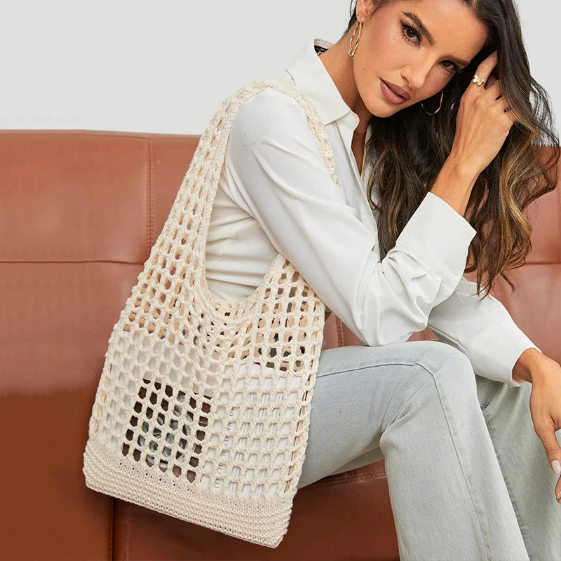 Fashion Crochet Bags for Women Summer Beach Tote Bag Aesthetic Totes Handbag Bohemian Woven Knit Shoulder Bag
