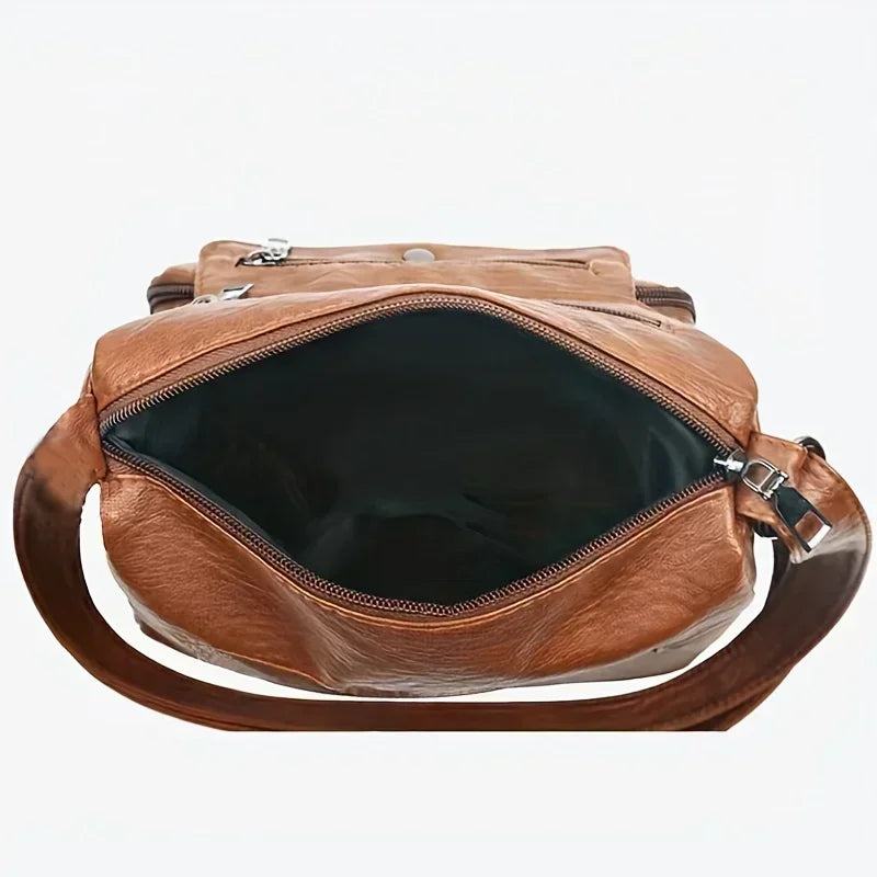 Versatile Multi Pocket Shoulder Bag, Women's Brown Black Leather Messenger Bag with Heart Tassel Embellishments Adjustable Strap