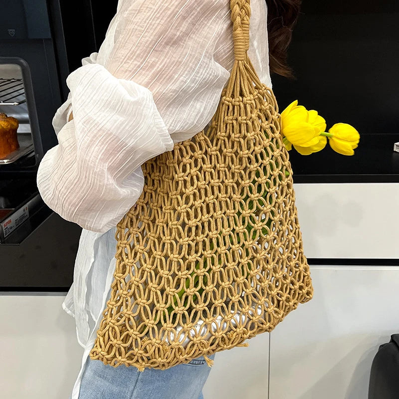 Hand-Woven Bag Women Handmade Hollow Handbag Female Shoulder Bag Big Capacity Summer Casual Travel Beach Tote Purse