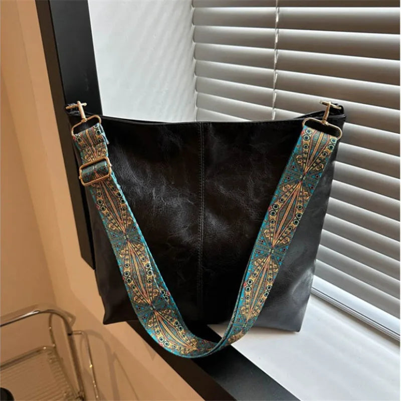 Bohemian Style Women's Shoulder Bag, Vintage Wide Strap, Casual Crossbody Bag for Commuting, Golden Embroidery, Adjustable Strap