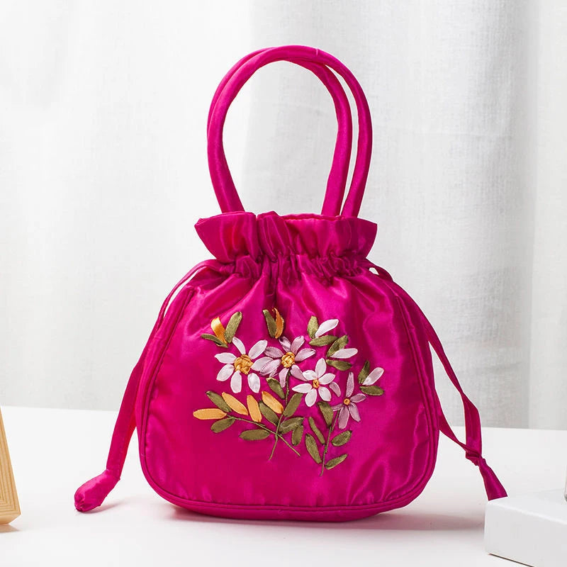 Retro Embroidery Drawstrings Handbags Storage Bags Women Purse Wallets Card Holder Bucket Shoulder Bag Wrist Bags