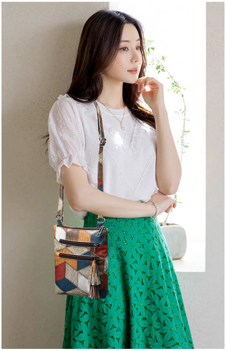 Retro PU Soft Leather Multi Pocket Handbag Shoulder Bag with Color Blocking Plaid Tassel Cross Bags, Mobile Phone Messenger Bag