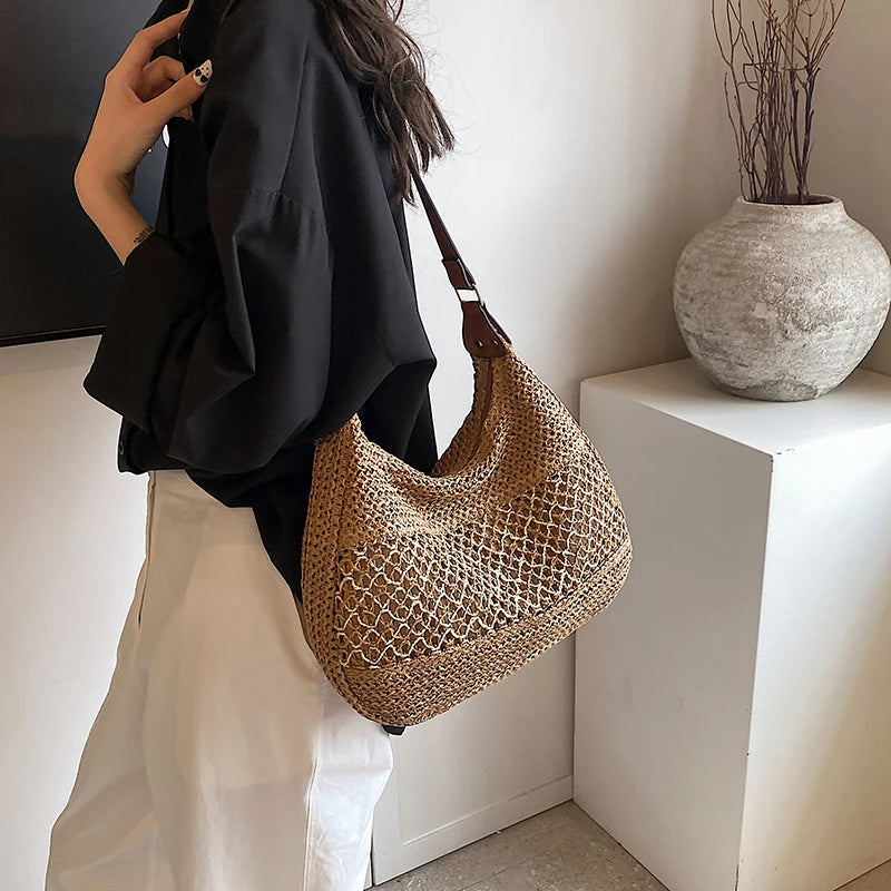 Women Hollow Shoulder Bag Large Capacity Straw Weaving Travel Handbag Adjustable Strap Shopper Tote Bag