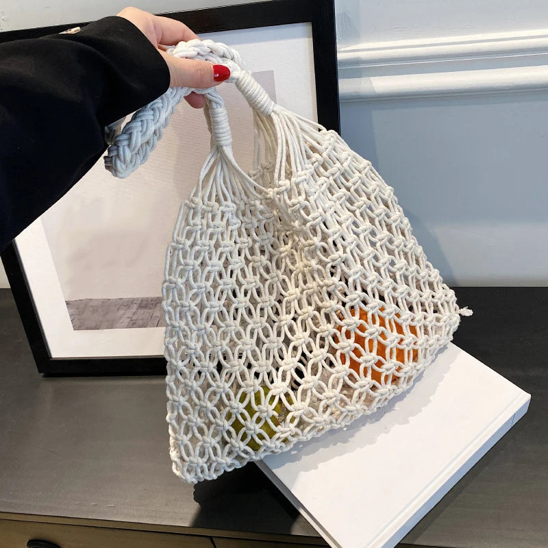 Women Bag Bucket Cotton Beach Bag Bag Casual Hollow Out Solid Soft High-Capacity Shoulder Bag Travel Handbag