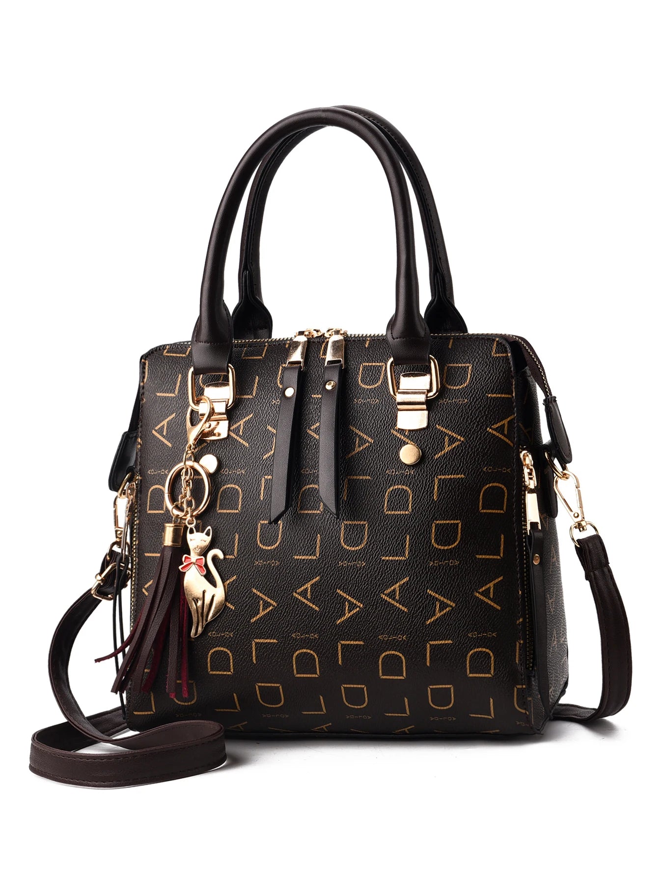 Fashion English letter handbag women's PU leather tassel upper handle bag luxury shoulder bag large capacity women's handbag