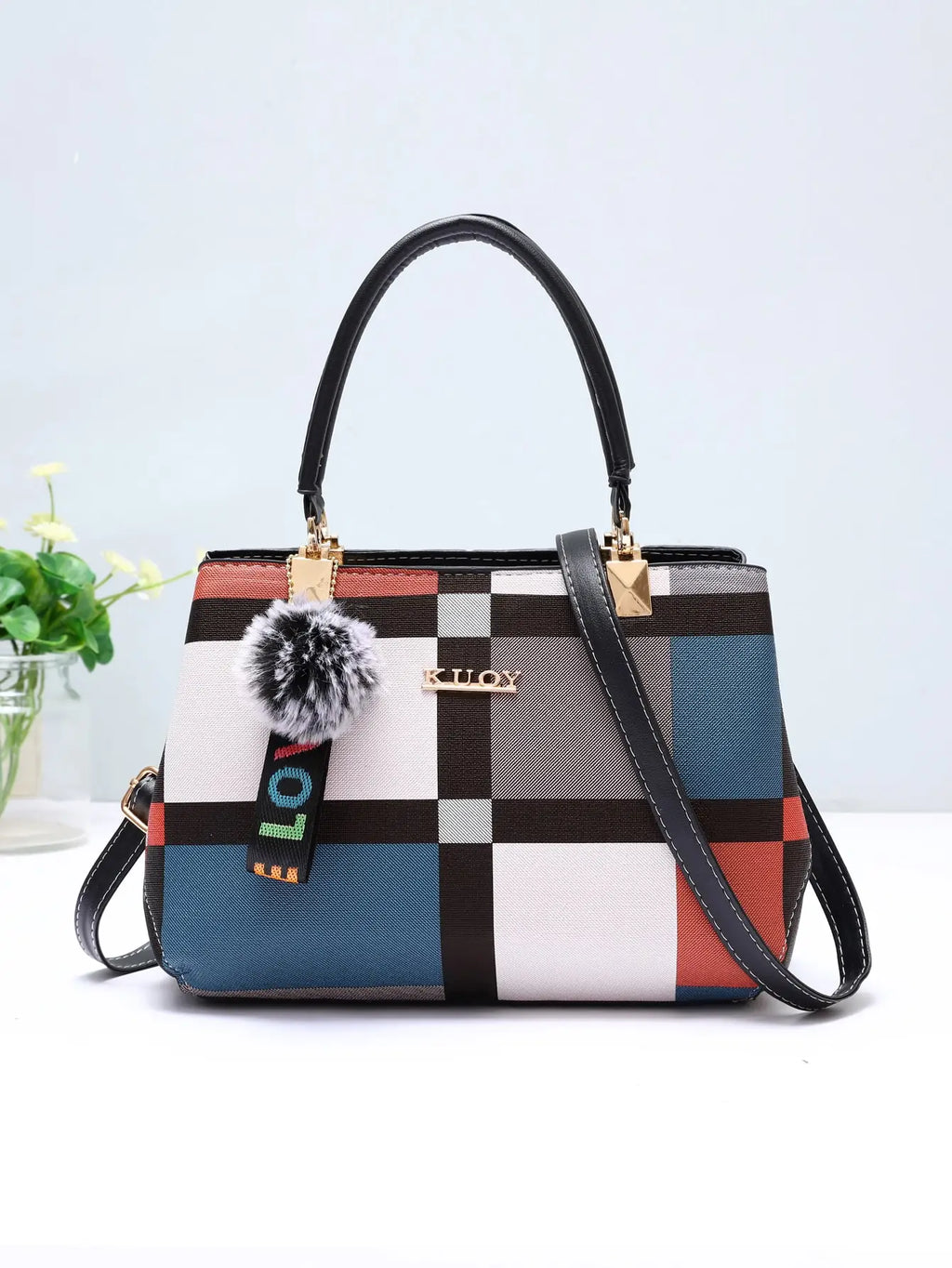 Checkered pattern handbag, fashionable decorative crossbody bag, women's work handle wallet