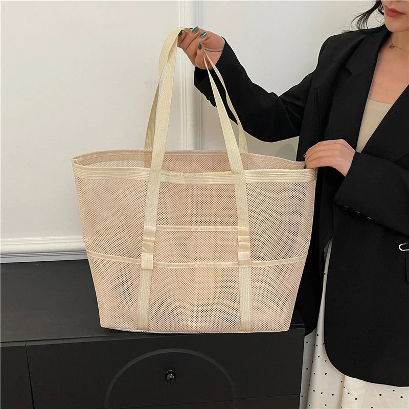 Portable Mesh Beach Bag For Women Makeup Travel Storage Wash Bag Summer Travel Swimming Bath Bag Organizer Shopper Totes