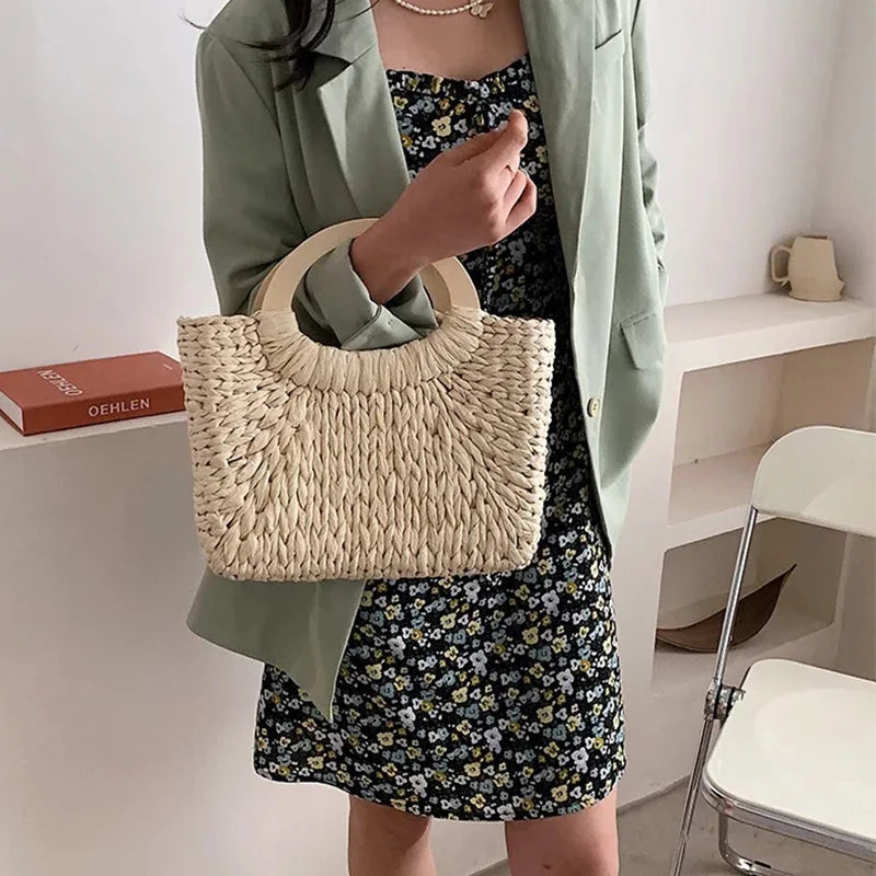 Fashion Lady Straw Woven Basket Handbag Summer Women's Shoulder Bag Bohemia Travel Beach Han made Beach Bucket Shopper Tote