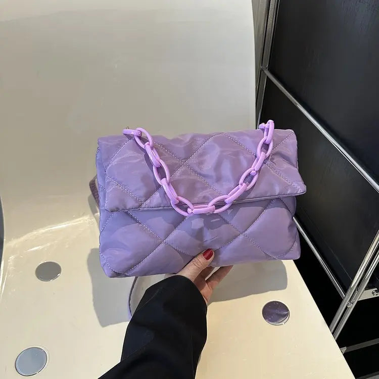 Fashion Chain Crossbody Bags Women Winter Cotton Padded Quilted Shoulder Bags Casual Large Capacity Simple Female Handbags