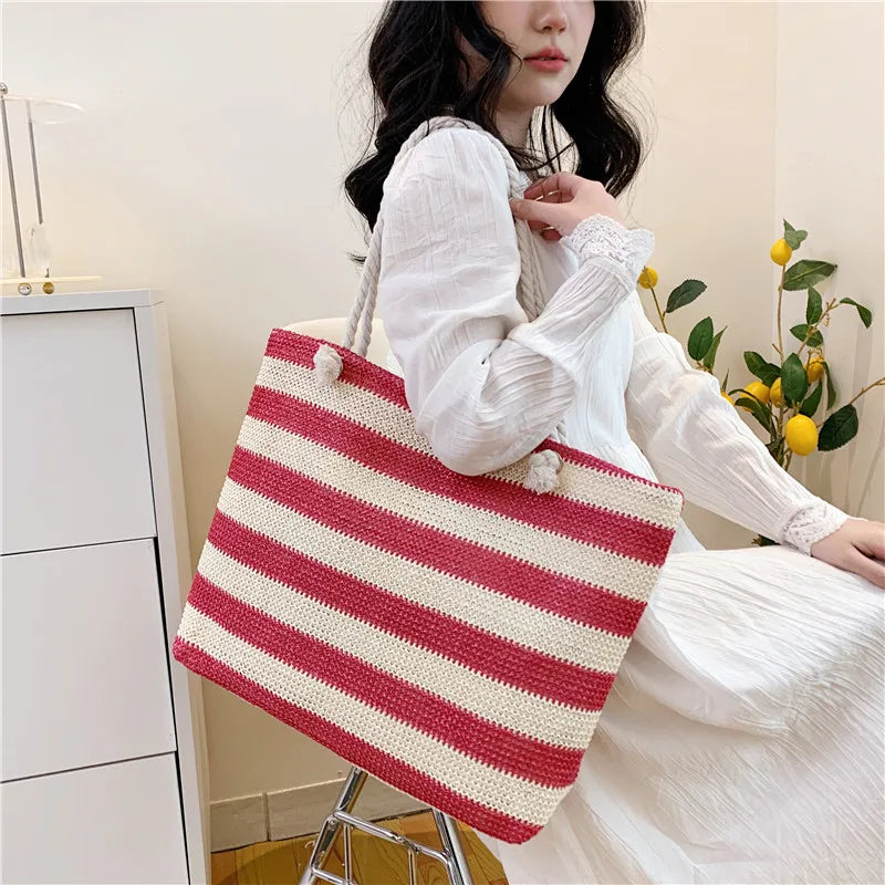Women Straw Shoulder Bag Color Contrast Beach Handbag Large Capacity Simple Shoulder Bag Ladies Summer Daily Bag