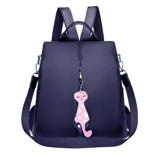 Solid Color Large Daypack for Female, Bagpack with Cat Pendant ,Women Simple Travel Shoulder Bags ,Multi-use Nylon Backpack