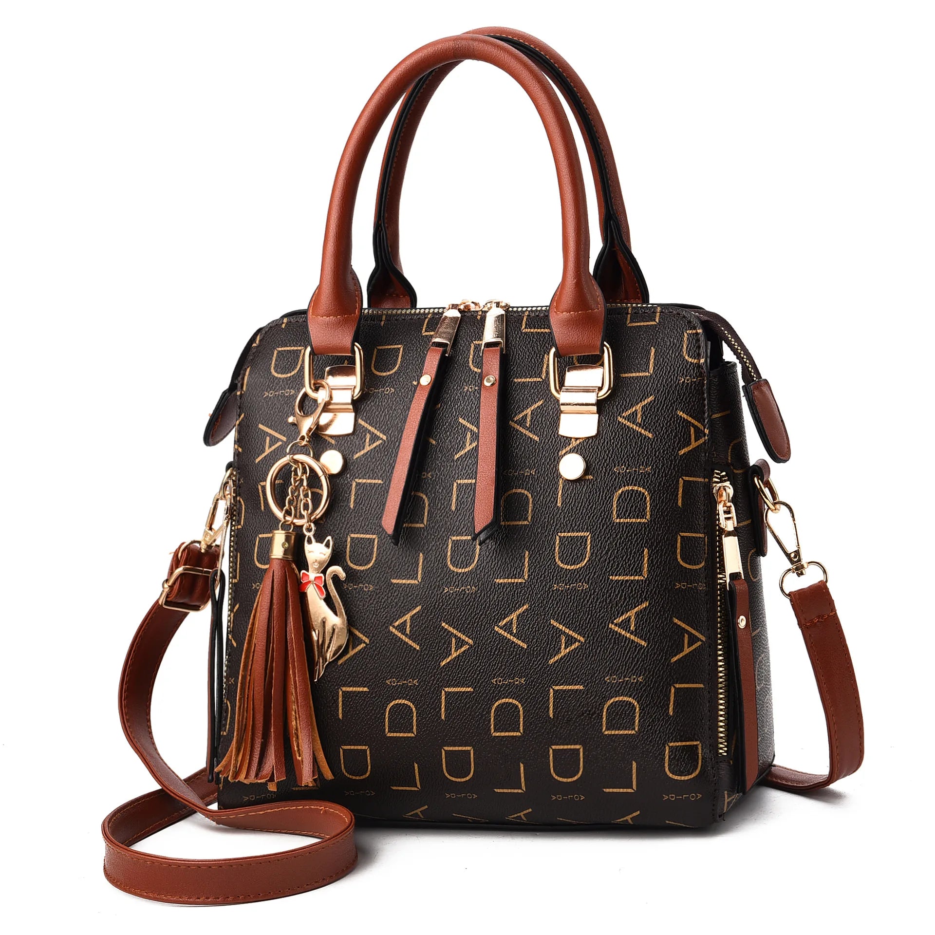 Fashion English letter handbag women's PU leather tassel upper handle bag luxury shoulder bag large capacity women's handbag