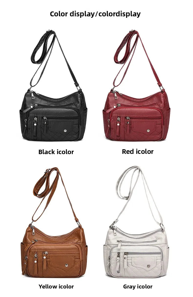 Fashionable Four Seasons Soft Leather Multi Pocket Cross Bags, Multi Layer Zipper Pouch Single Shoulder Bag for Women Daily Use