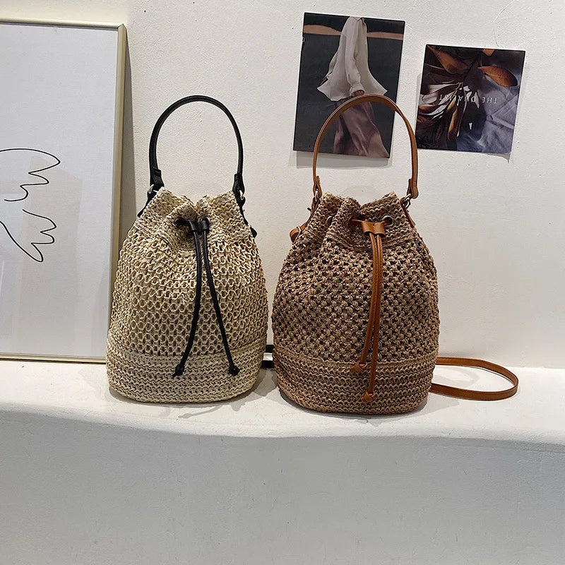 Woven Straw Bag Ladies Bucket Crossbody Bag Summer Beach Bag Retro Travel Shoulder Bags Small Travel Purse and Handbag For Women