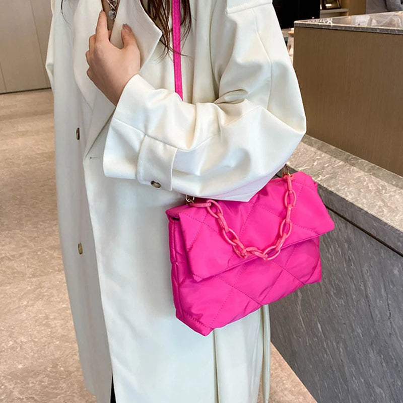 Fashion Chain Crossbody Bags Women Winter Cotton Padded Quilted Shoulder Bags Casual Large Capacity Simple Female Handbags