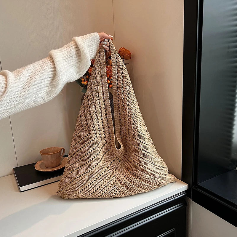 Brand Women Tote Knitting Handbag Triangle Design Woven Beach Bag Lightweight Elegant Portable Shoulder Bag Purse