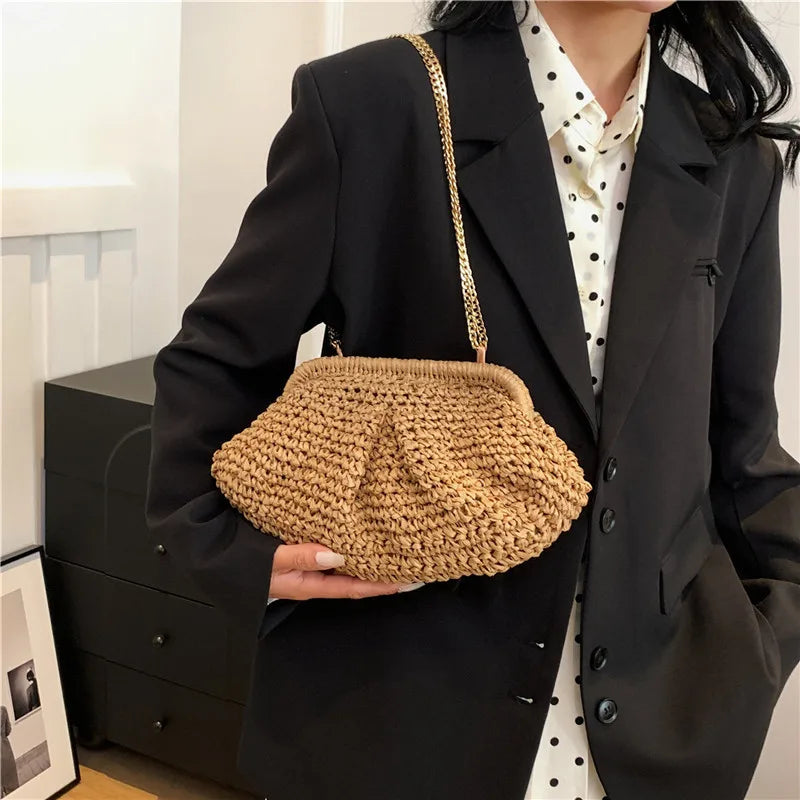 Straw Dumpling Clutch Bag Woven Straw Tote Clutch Purse For Women Summer Beach Bag Wicker Clutch Straw Purses For Women