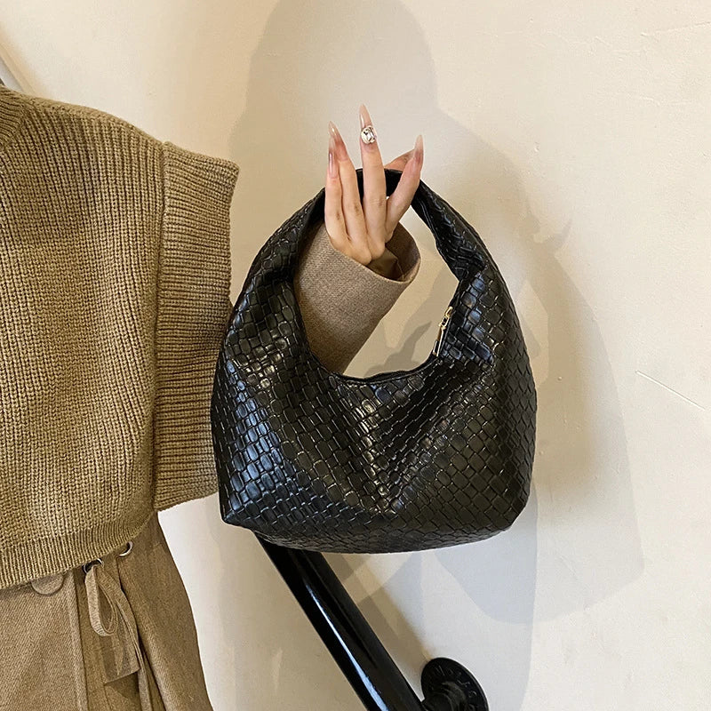 Women Classic Fashion Woven Embossed Hobo Soft PU Leather Small Top-handle Shoulder Bag Casual Daily Handbags