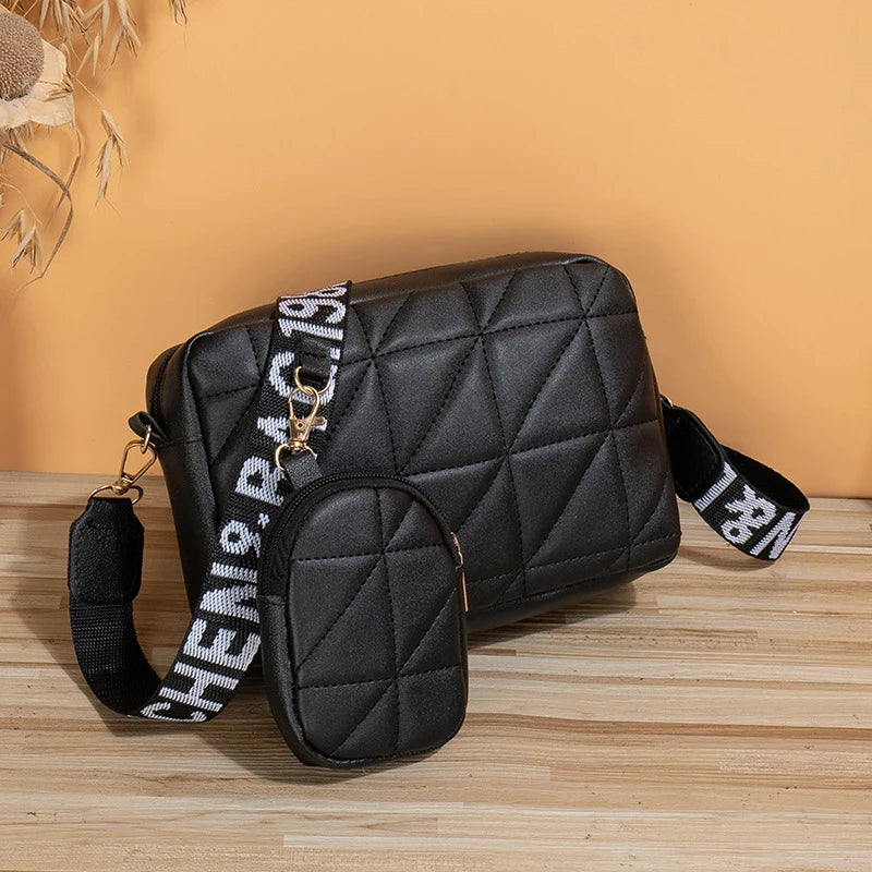 New Solid Color Diamond Plaid Son And Mother Fashion Shoulder Bag Trendy Letter Wide Shoulder Strap Crossbody Small Square Bag
