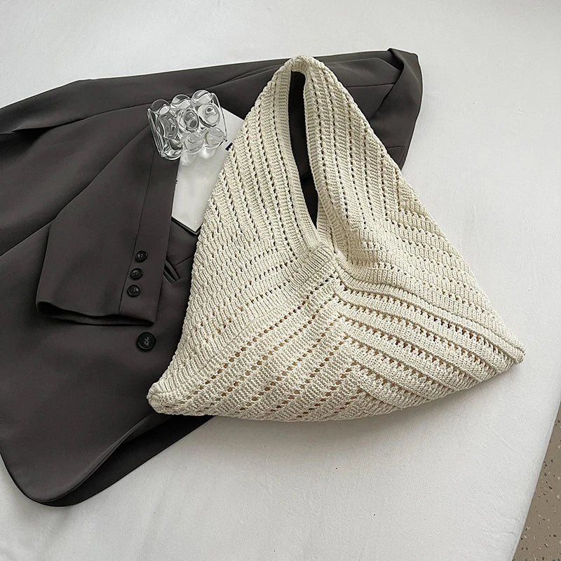 Brand Women Tote Knitting Handbag Triangle Design Woven Beach Bag Lightweight Elegant Portable Shoulder Bag Purse