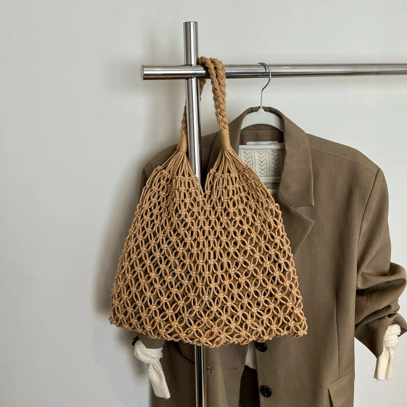 Hand-Woven Bag Women Handmade Hollow Handbag Female Shoulder Bag Big Capacity Summer Casual Travel Beach Tote Purse