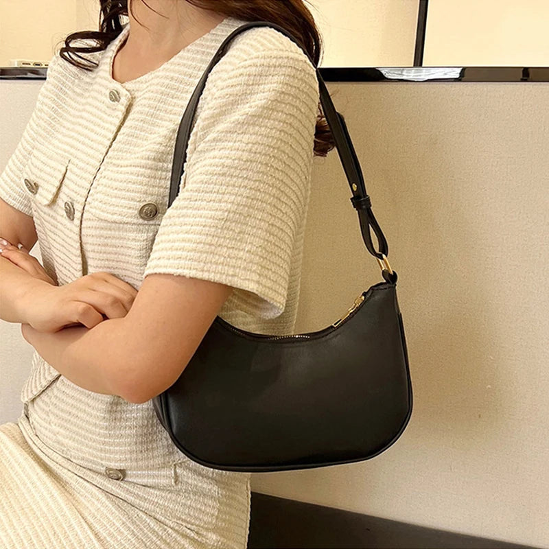 Womens Fashion Handbags Retro Solid Color Pu Leather Bag Half Simple Color Underarm Shoulder Bag Moon Casual Purse