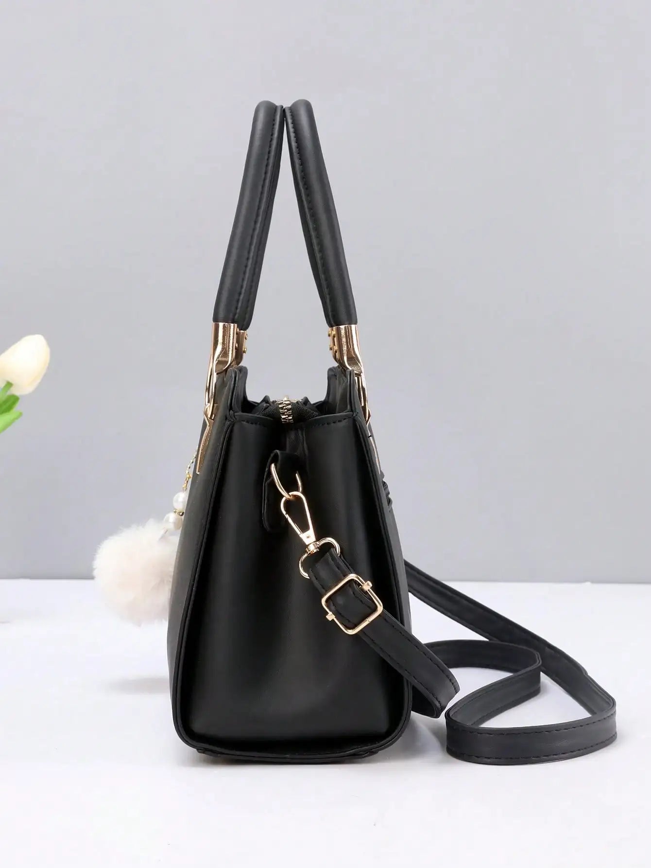1 women's large capacity handbag, fashionable woolen ball pendant, suitable for work, shopping and other occasions