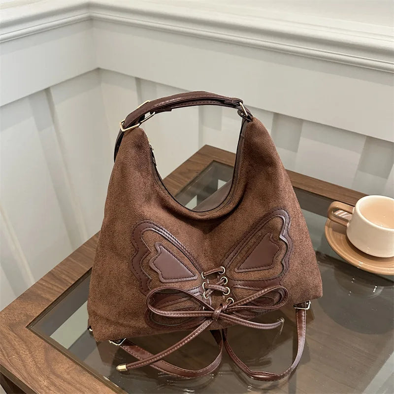 Large Capacity Bow Tie Backpack, New Retro Single Handbag Shoulder Messenger Bag, High Grade Matte Leather Tote Cross Body Bags