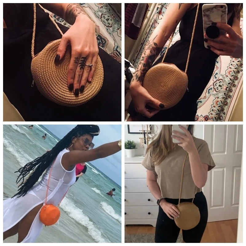 Round Straw Bag Women Woven Beach Crossbody Bag for Ladies Cute Shoulder Rattan Handmade Knitted Candy Color Small Handbag Bolsa