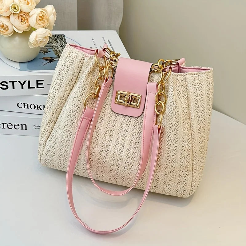 Elegant Women's Woven Fabric Shoulder Bag with Adjustable Chain Strap Front Flap Button Closure Professional Use, Woven Handbag
