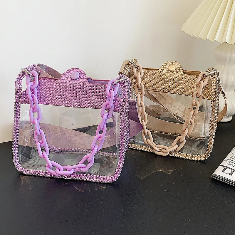 PVC Transparent Shoulder Crossbody Bag Rhinestone Thick Chain Ladies Small Purse and Handbags Fashion Jelly Summer Beach Totes