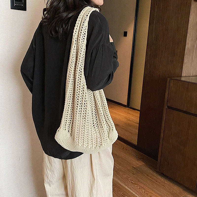 Summer Knitted Hollow Underarm Bag Women's Large Capacity Shopper Tote Bag Simple Design Casual Travel Handbags