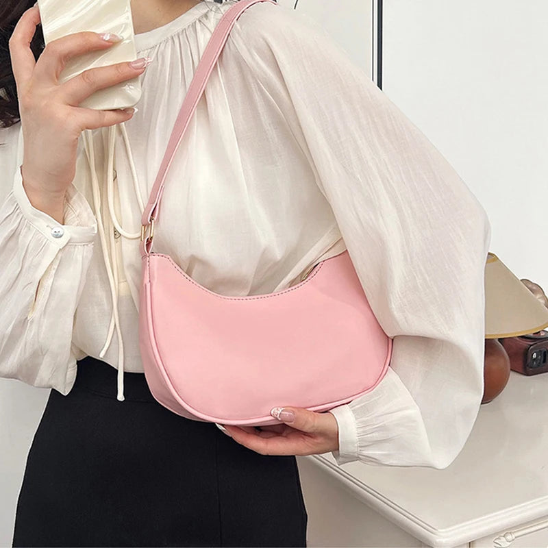 Womens Fashion Handbags Retro Solid Color Pu Leather Bag Half Simple Color Underarm Shoulder Bag Moon Casual Purse