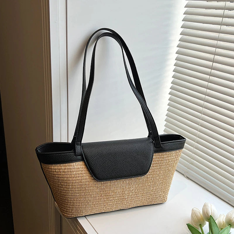 Fashion Women Shoulder Bag PU Woven Patchwork Stick Bag Large Capacity Tote Bag New Casual Woven Contrasting Color Handbag