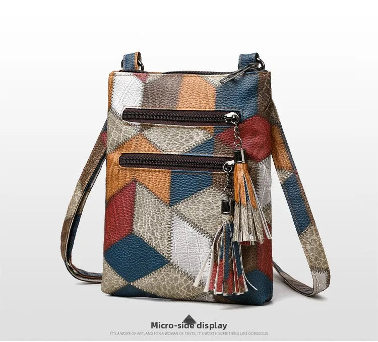 Retro PU Soft Leather Multi Pocket Handbag Shoulder Bag with Color Blocking Plaid Tassel Cross Bags, Mobile Phone Messenger Bag