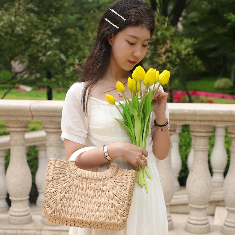 Fashion Lady Straw Woven Basket Handbag Summer Women's Shoulder Bag Bohemia Travel Beach Han made Beach Bucket Shopper Tote
