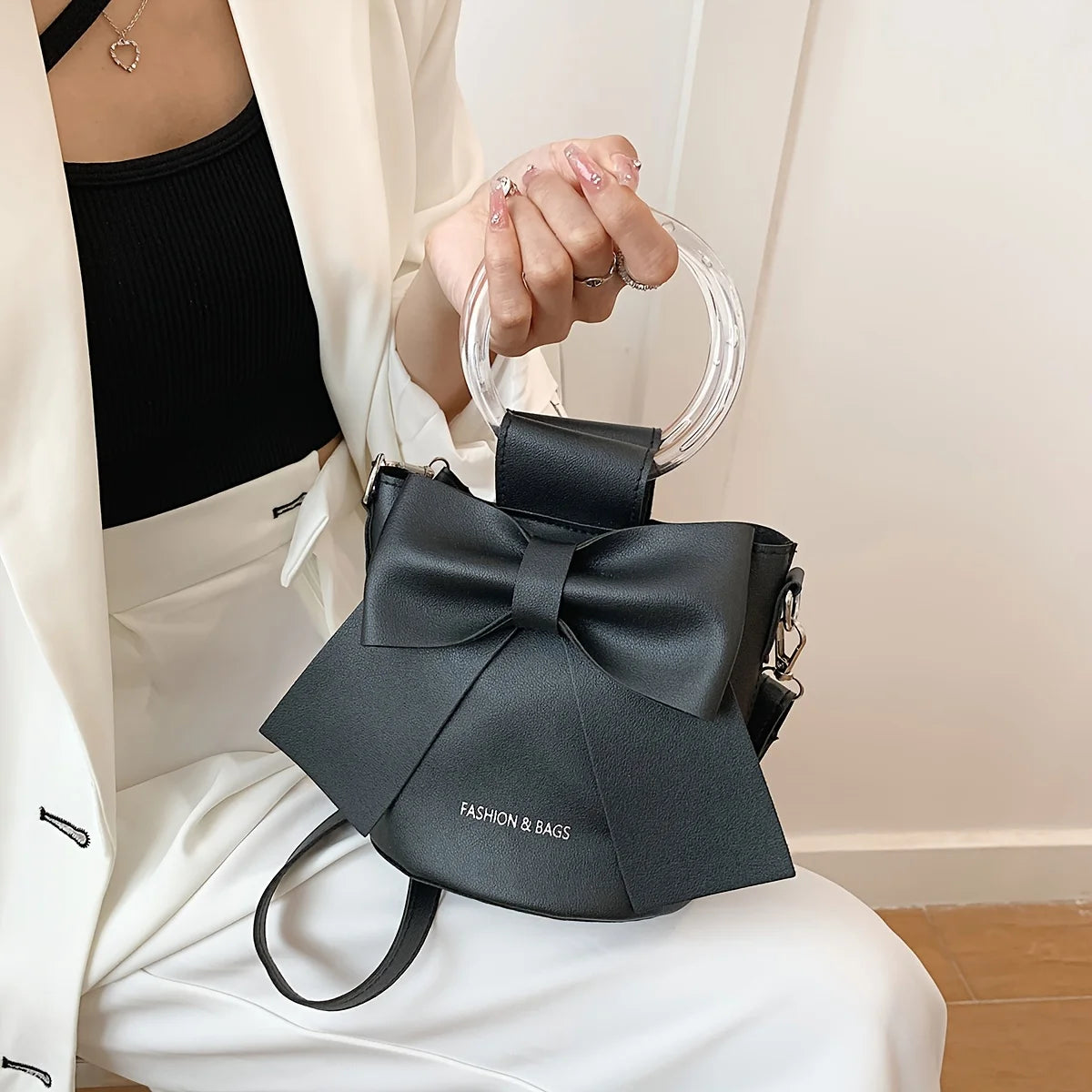 Stylish Women's Bucket Bag with Detachable Strap and Elegant Bow Accent Casual Shoulder Crossbody Bag, Summer Handbag Purse