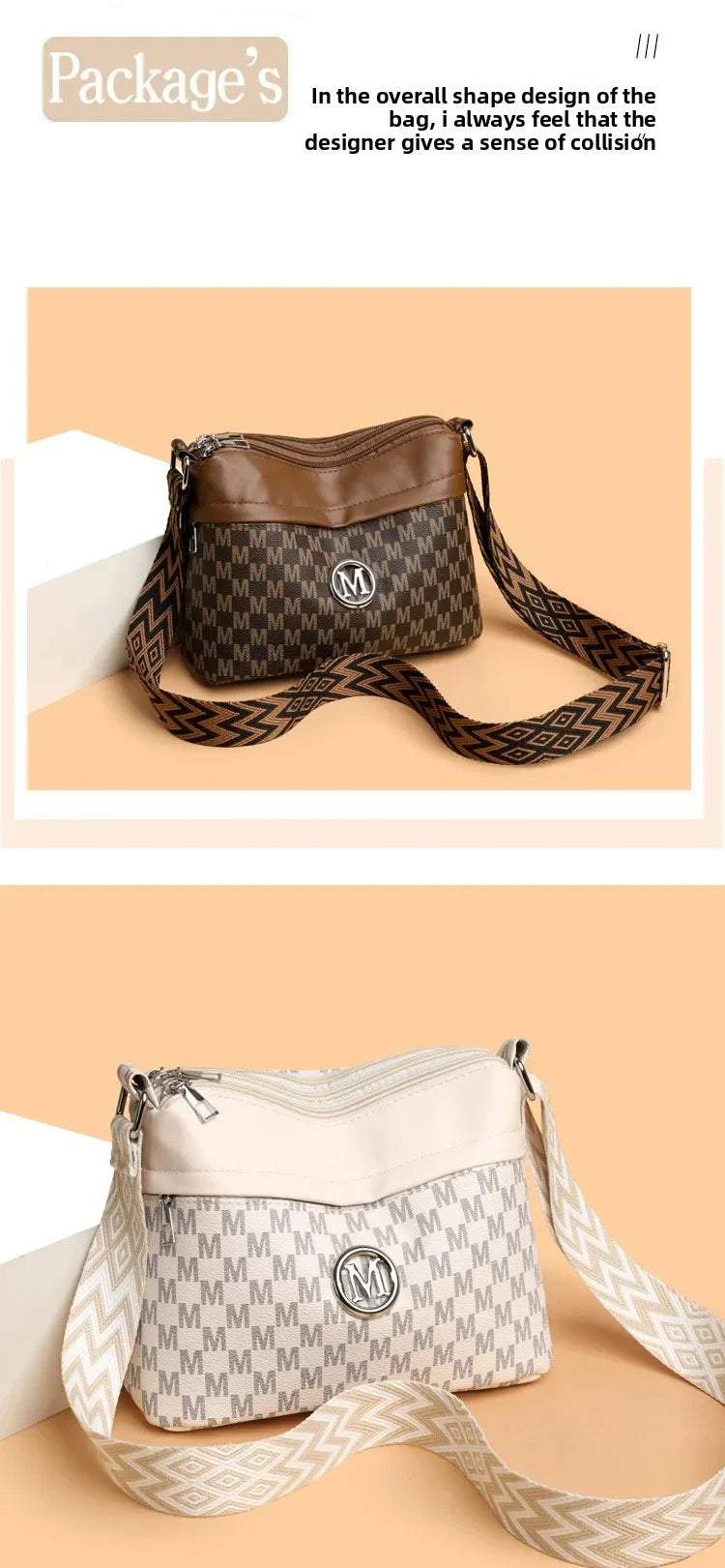 Classic Letter Patchwork Design Stylish Crossbody Bag Printed Three Layer Zipper Leather Shoulder Bag for Daily Use Work Outdoor