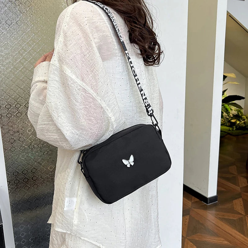 Black&white Shoulder Bag Durable Butterly Nylon Crossbody Bag Wide Belt Crossbody Bag Casual Small Sqaure Bag For Women