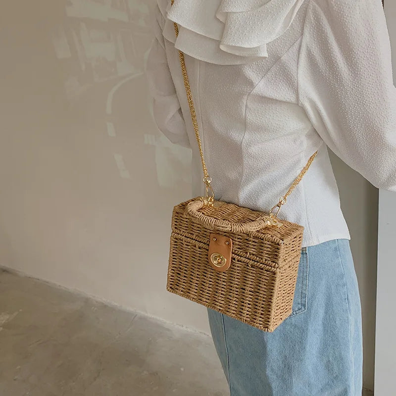 Summer Box Small Purse and Handbags For Women Rattan Straw Woven Crossbody Shoulder Bags Female Fashion Chain Travel Beach Bags