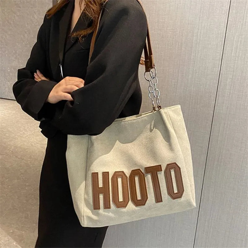 Stylish Tote Bag, Nubuck Pu Letter HOOTO Design for Women Handbag Shoulder Bag, Large Capacity Nylon leisure Travel Shopping Bag