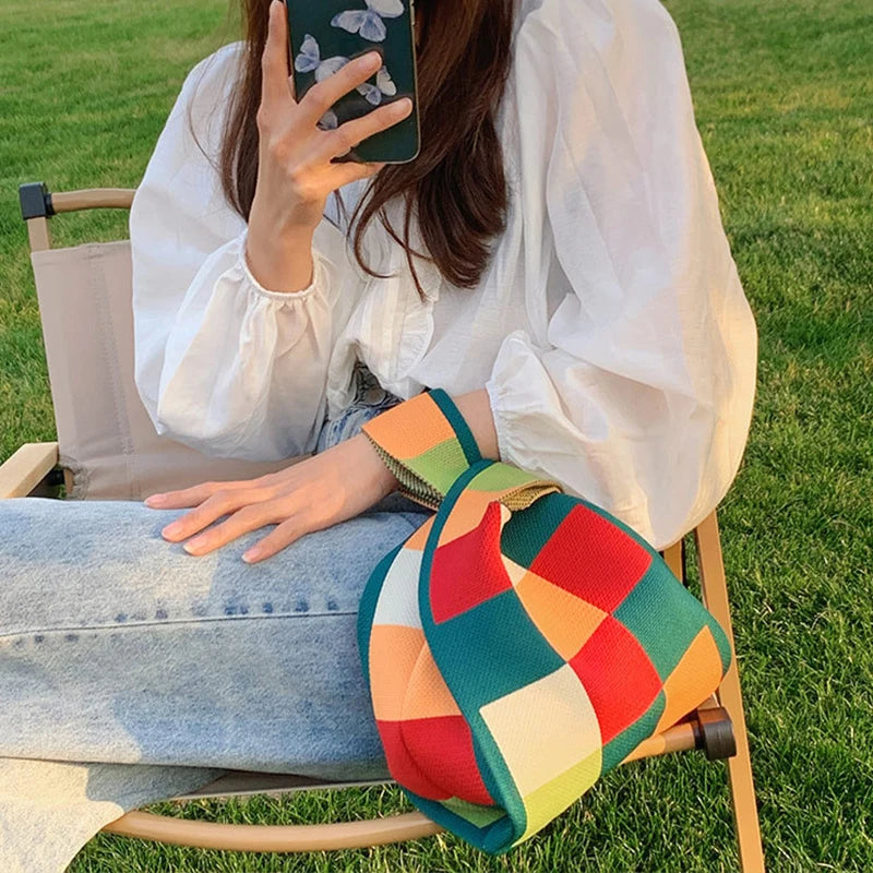 Luxury Design Stripe Knitted Small Handbag and Purse Fashion Korean Trendy Travel Shoulder Bag Wrist Bag Summer Shopper Tote