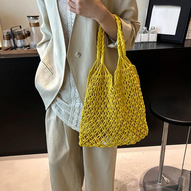 Hand-Woven Bag Women Handmade Hollow Handbag Female Shoulder Bag Big Capacity Summer Casual Travel Beach Tote Purse
