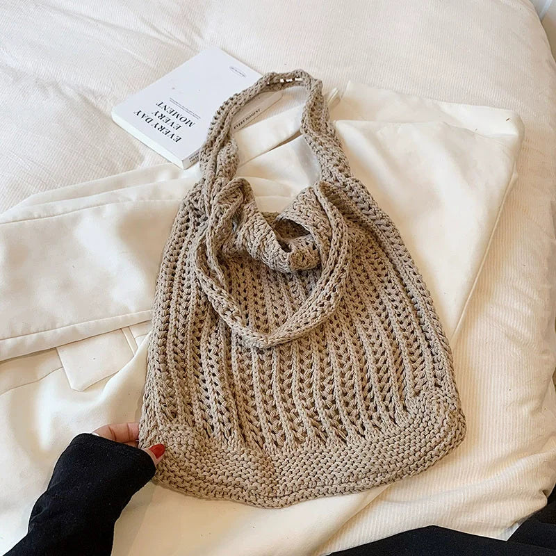 Summer Knitted Hollow Underarm Bag Women's Large Capacity Shopper Tote Bag Simple Design Casual Travel Handbags