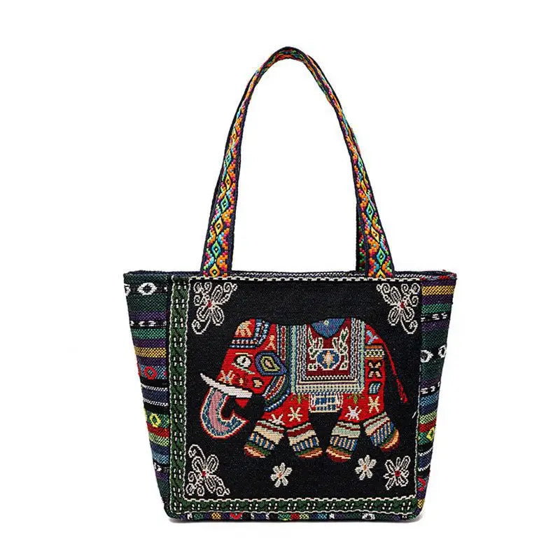New Ethnic Style Shoulder Bag Office Handbag Student Canvas Embroidery Elephant  Casual Travel Storage Tote Bag For Women
