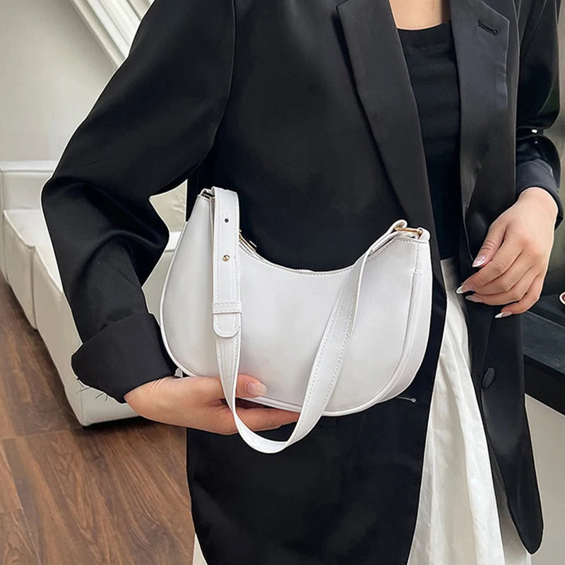 Womens Fashion Handbags Retro Solid Color Pu Leather Bag Half Simple Color Underarm Shoulder Bag Moon Casual Purse