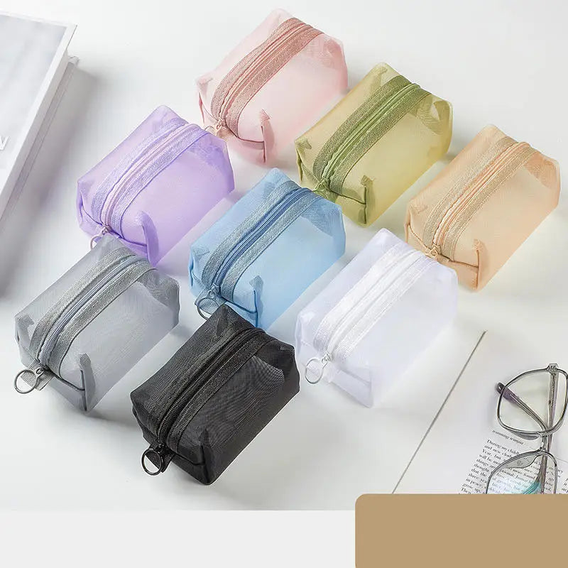 Mini Clear Nylon Mesh Cosmetic Bags Cute Women Small Lipstick Makeup Bags Pouch Data Line Key Earphone Organizer Case
