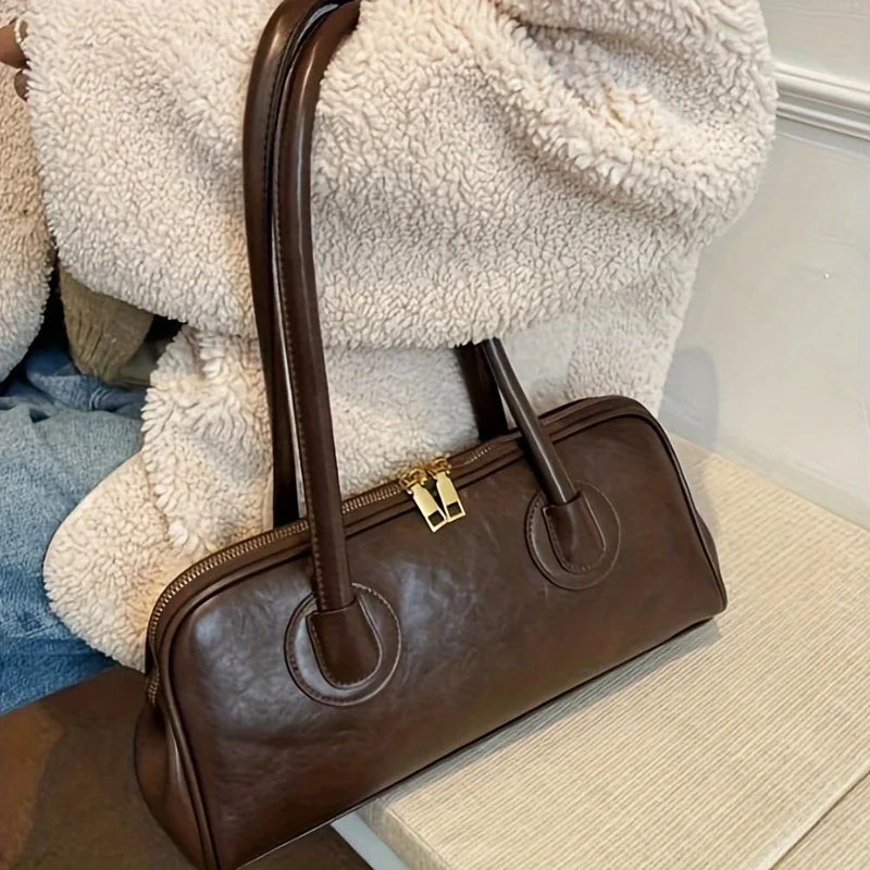 1pc Fashion Faux Leather Shoulder Bag, Elegant Handbag with Stitching Detail, Versatile Top-Handle Purse