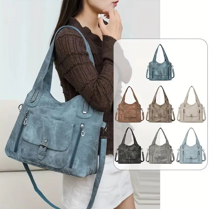 Soft Synthetic Leather Retro Women's Shoulder Tote Bag, Multiple Pockets for Daily Use or Work, Versatile Carry Bag